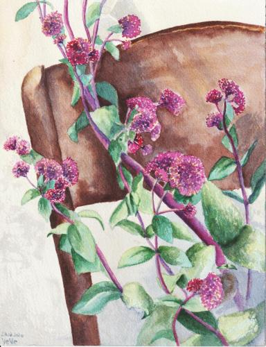 painting of pink flowered Sedum on chair